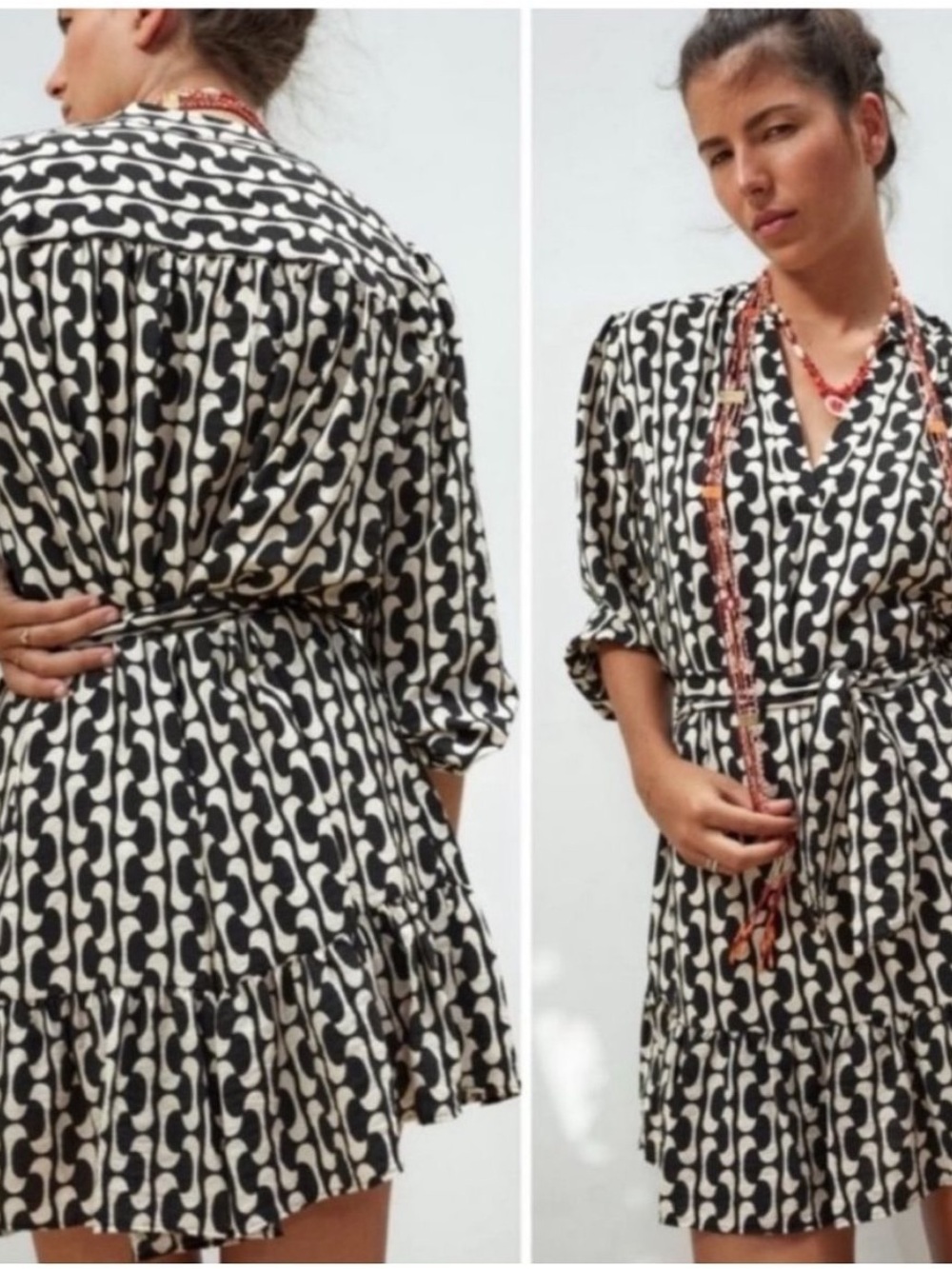 Zara Black and White Graphic Wrap Dress